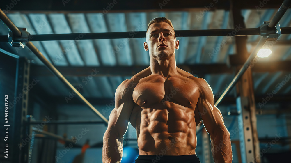 A muscular athletic man stands confidently in front of a gymnastics bar in the gym, showcasing his strength and determination A muscular athletic man stands confidently in front of a gymnastics bar in the gym, showcasing his strength and determination