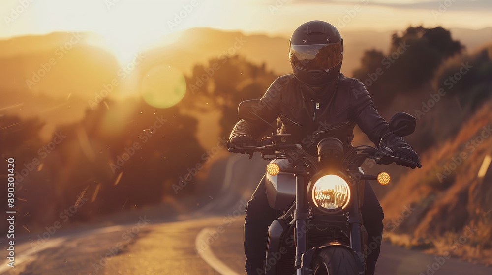 A rugged man dons a sleek helmet as he confidently rides his motorcycle down a winding road. The sun sets in the background A rugged man dons a sleek helmet as he confidently rides his motorcycle down a winding road. The sun sets in the background