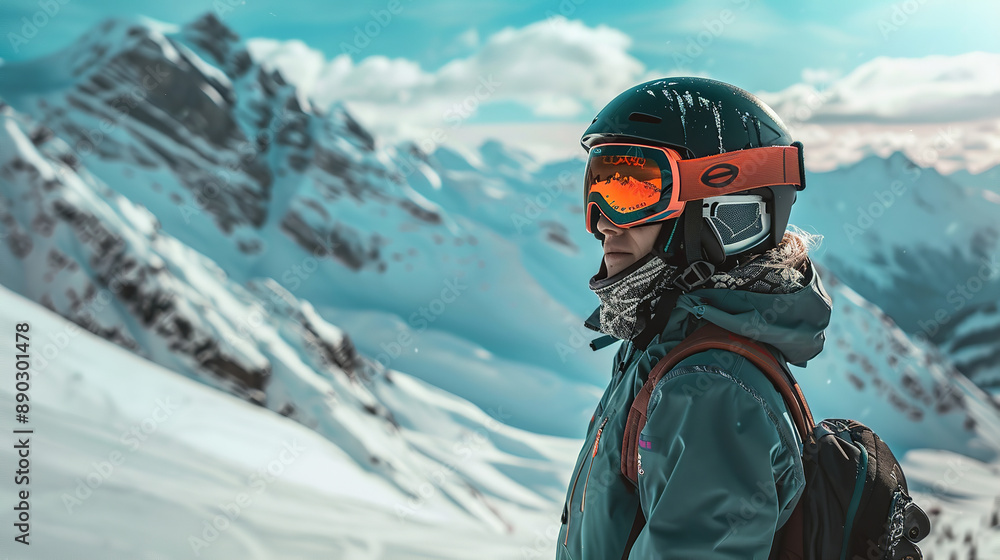 A snowboarder girl, clad in a helmet and vibrant orange goggles, stands against a backdrop of majestic snowy mountains A snowboarder girl, clad in a helmet and vibrant orange goggles, stands against a backdrop of majestic snowy mountains