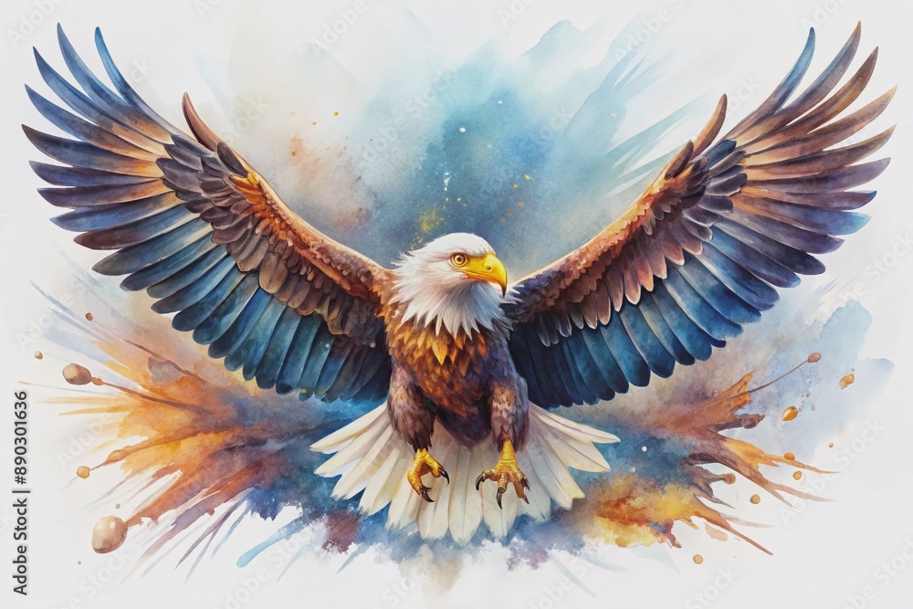 Fototapeta premium Majestic flying eagle spreads its wings, soaring high in the sky, sharp talons extended, fierce gaze fixed ahead, on a transparent isolated background.