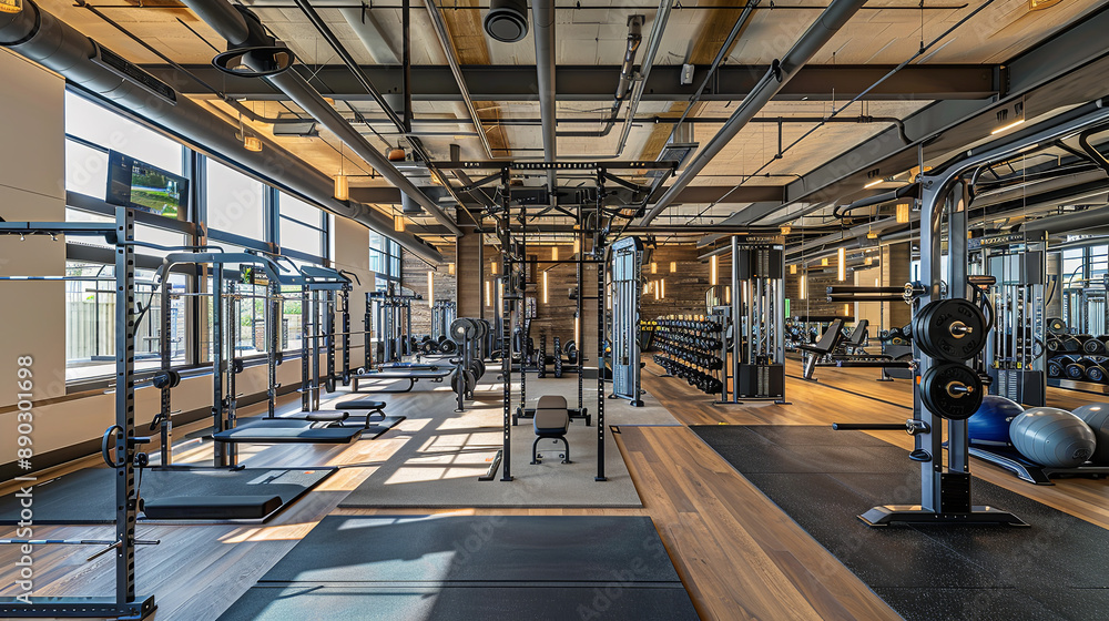 Obraz premium A wide-angle photograph captures the expansive interior of a modern gym, showcasing an array of weights, bars, and racks neatly arranged.