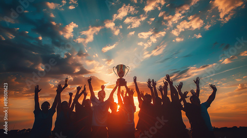 A victorious team celebrates under a stunning sunset, hoisting a trophy high as numerous silhouetted hands reach up in triumph