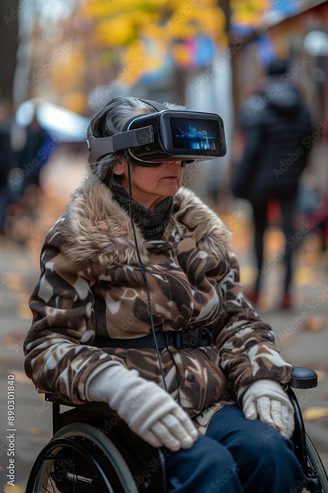 A person in a wheelchair uses a virtual reality headset and headphones, engaging with a colorful screen, highlighting the inclusivity and accessibility of VR technology for individuals with disabiliti A person in a wheelchair uses a virtual reality headset and headphones, engaging with a colorful screen, highlighting the inclusivity and accessibility of VR technology for individuals with disabiliti