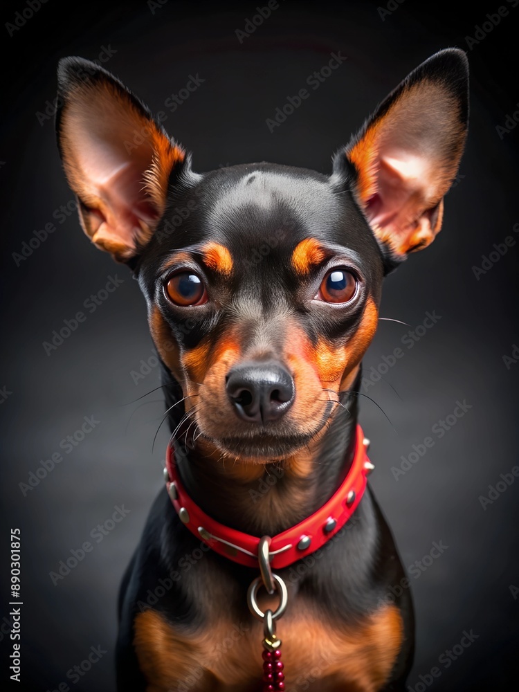 A small black dog of a dwarf pinscher on a black background A small black dog of a dwarf pinscher on a black background