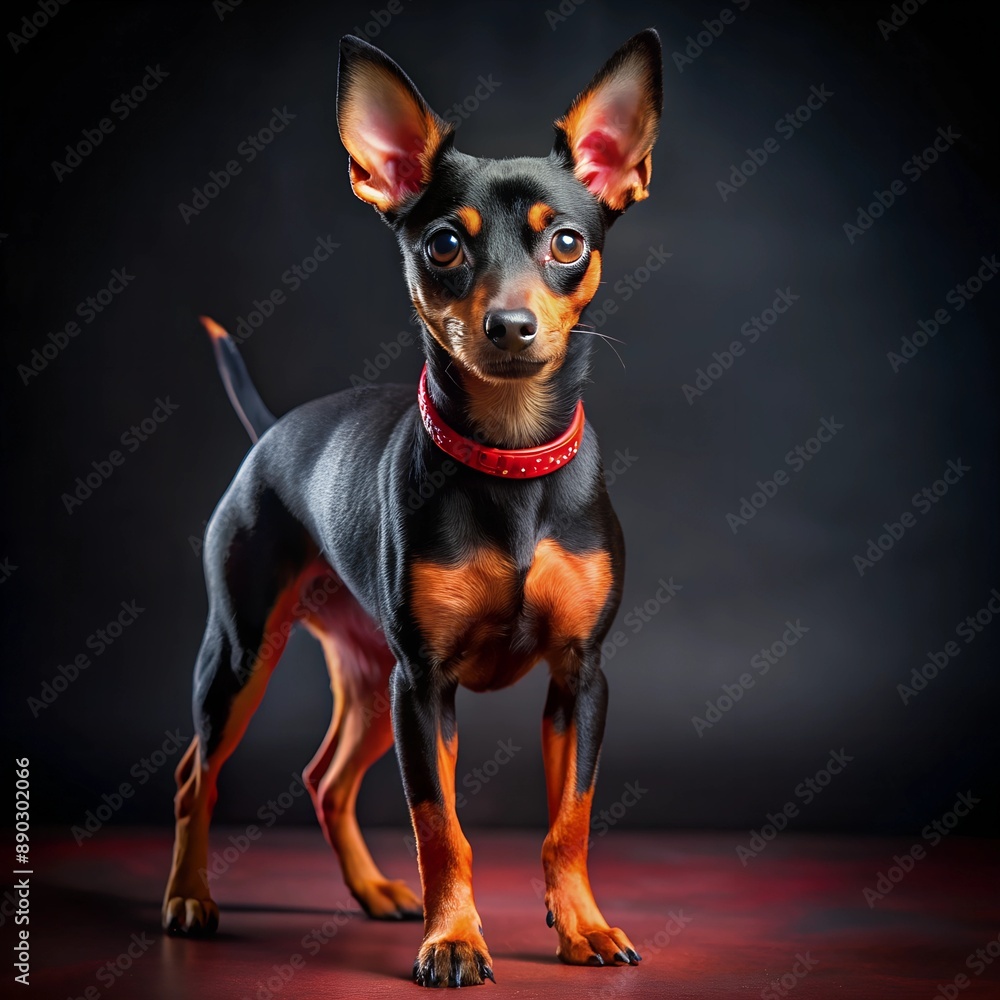 A small black dog of a dwarf pinscher on a black background A small black dog of a dwarf pinscher on a black background