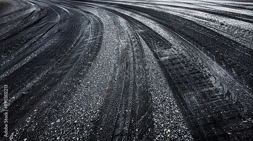 An abstract texture reveals the surface of a race track, showcasing bold black tire skid marks left by drifting cars photo