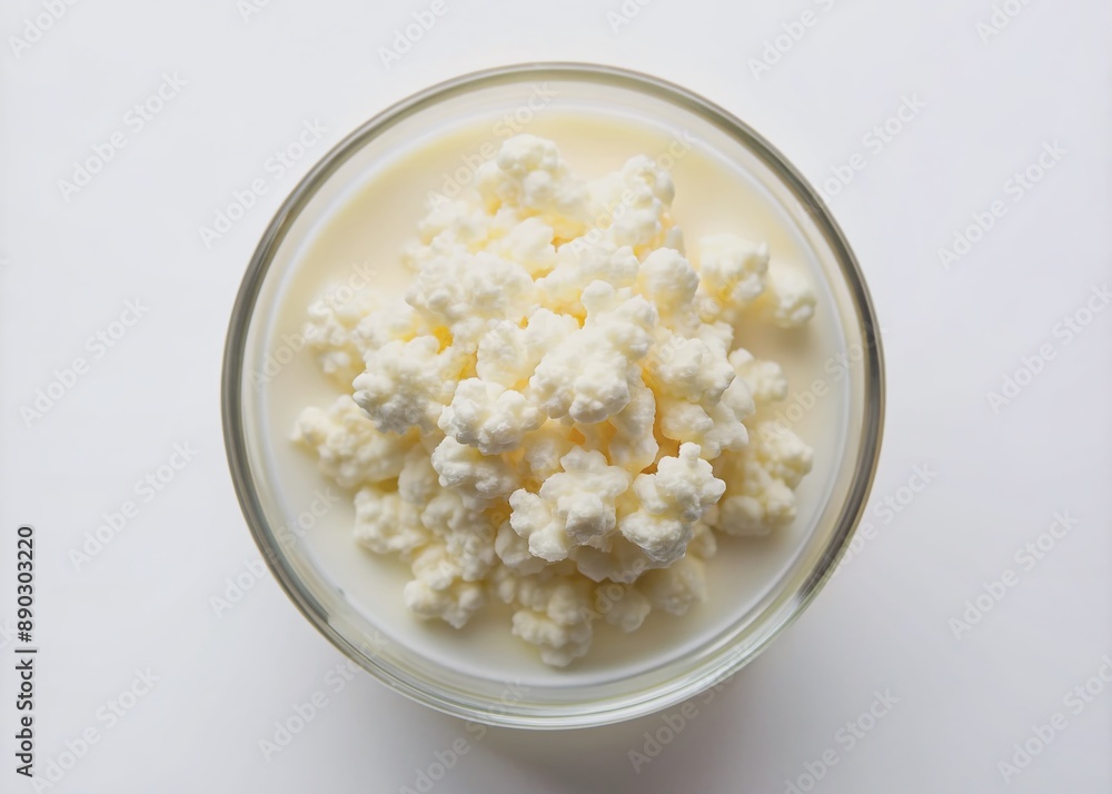 Close-up of milk kefir grains, a yeast and bacterial fermentation starter, floating in a glass of creamy, effervescent, and nutritious fermented milk drink. Close-up of milk kefir grains, a yeast and bacterial fermentation starter, floating in a glass of creamy, effervescent, and nutritious fermented milk drink.