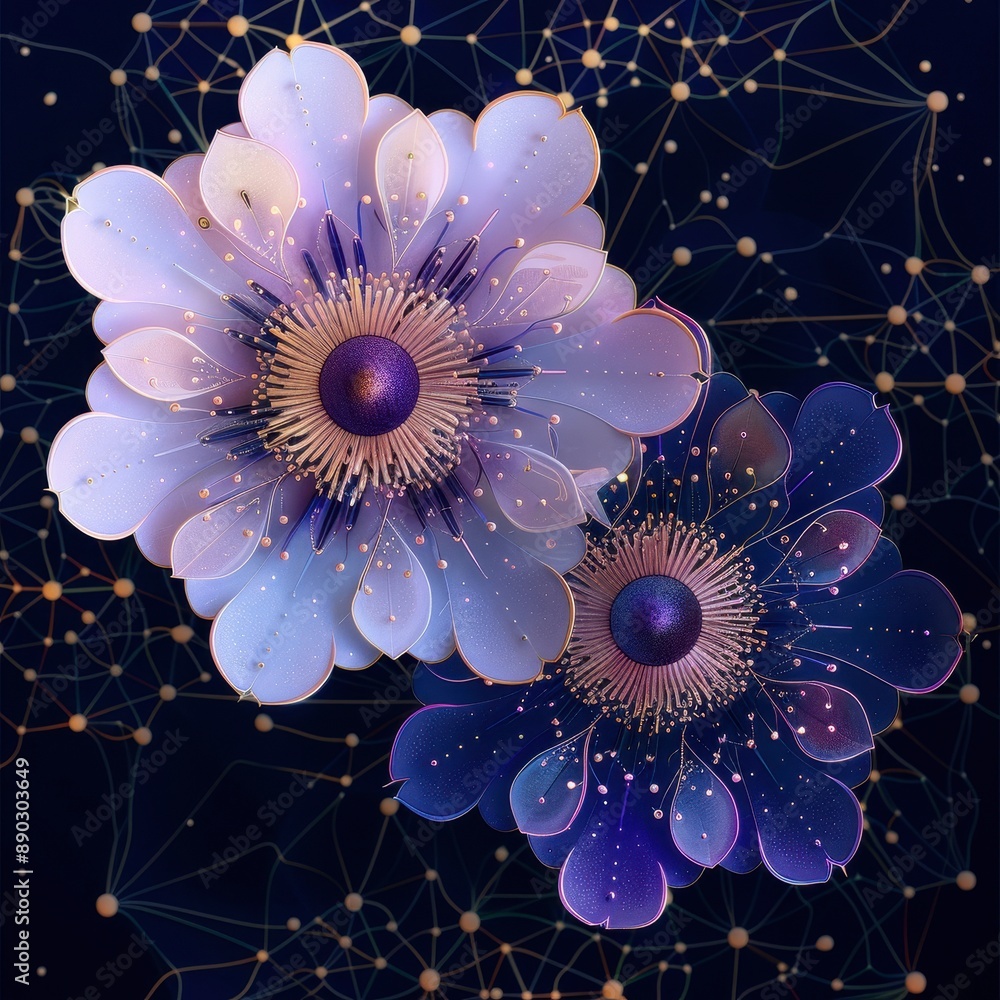 Holographic flowers with metallic textures, floating in a virtual space filled with digital grids and neon lights, creating a futuristic feel, Sci-fi, Digital Art, High Detail Holographic flowers with metallic textures, floating in a virtual space filled with digital grids and neon lights, creating a futuristic feel, Sci-fi, Digital Art, High Detail