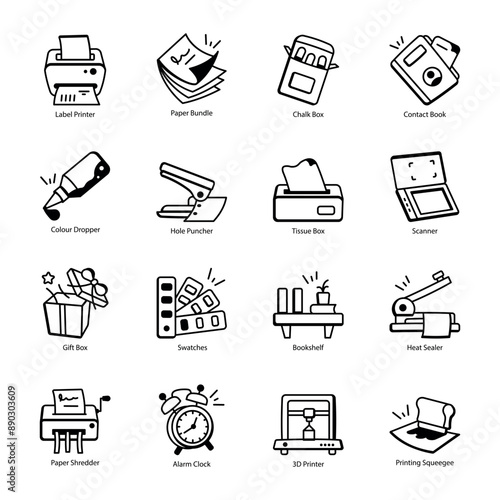 Collection of Stationery and Printing Tools Outline Icons 


