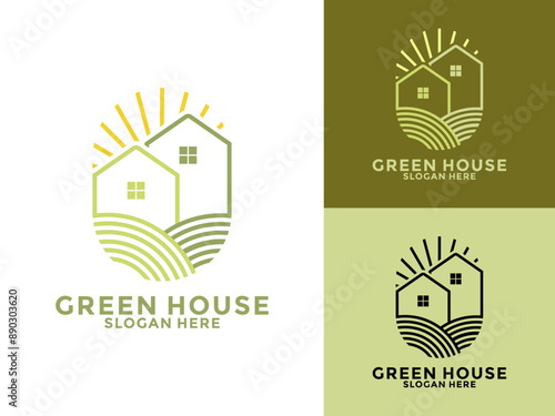 Green House Line Style Logo Design Vector, Tree House business logo vector template