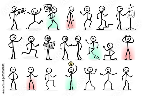 Set of man drawing, different poses, stick figure people pictogram. Freehand drawing figure man contour. Hand drawing Cartoon. Vector illustration painted with a brush. Isolated on white background