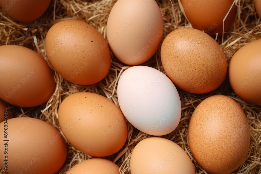 A top view of chicken eggs from an organic farm, displayed on a bed of straw. The eggs vary in shades of brown with one unique white egg standing out among them. The image captures the natural A top view of chicken eggs from an organic farm, displayed on a bed of straw. The eggs vary in shades of brown with one unique white egg standing out among them. The image captures the natural