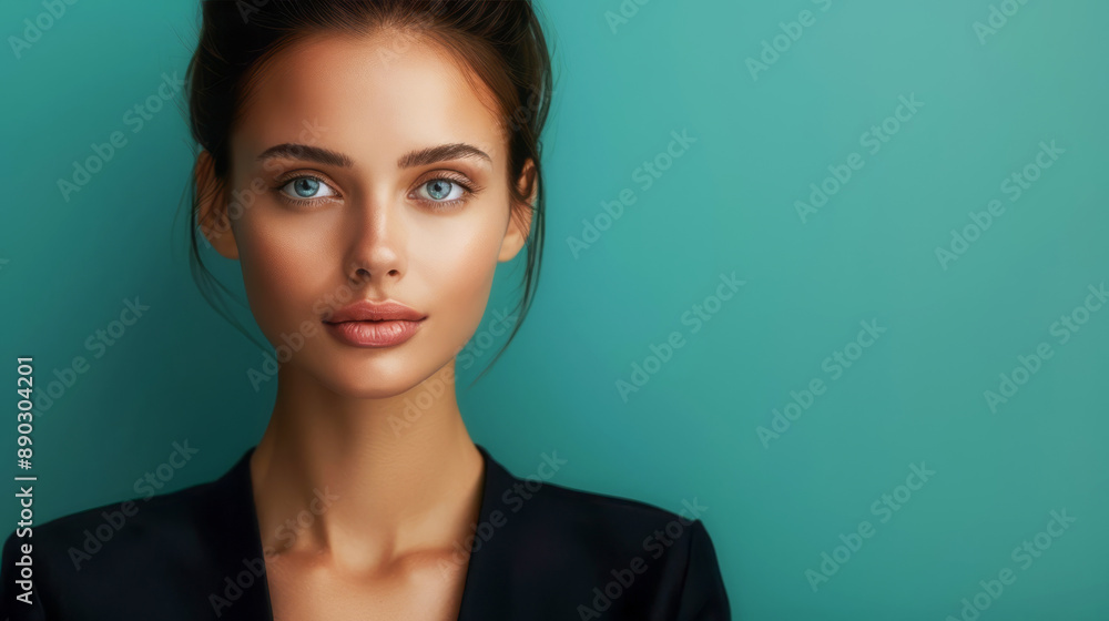 Professional woman with focused expression, solid turquoise background, high resolution, hyperrealistic photo, Portrait business style Professional woman with focused expression, solid turquoise background, high resolution, hyperrealistic photo, Portrait business style