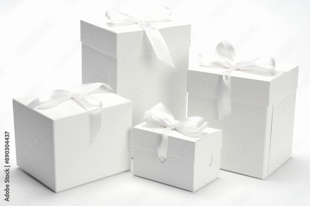 Elegant white gift boxes with satin ribbons on a clean white background. These boxes, varying in size, are perfect for special occasions such as weddings, anniversaries, and birthdays Elegant white gift boxes with satin ribbons on a clean white background. These boxes, varying in size, are perfect for special occasions such as weddings, anniversaries, and birthdays