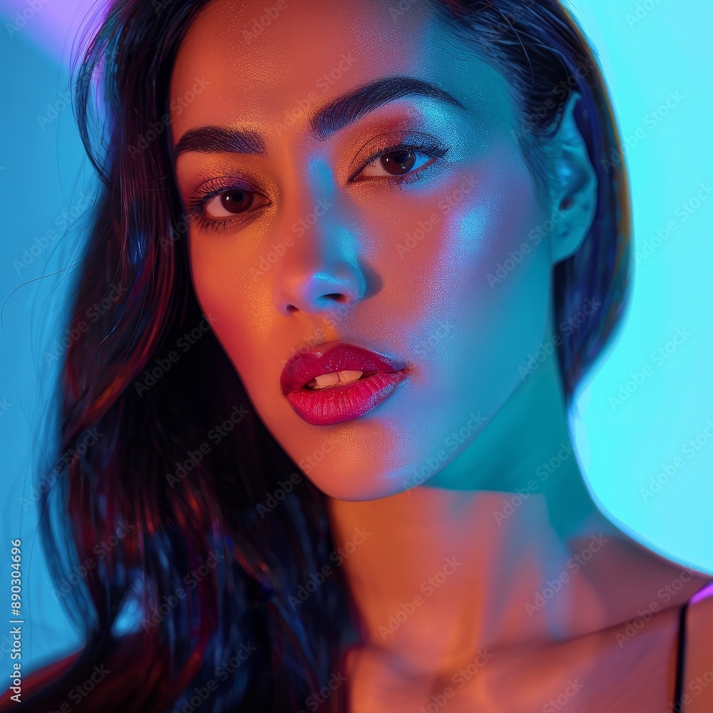 Close Up Portrait of Woman With Blue and Red Lighting Close Up Portrait of Woman With Blue and Red Lighting