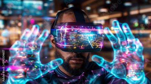 A man wearing a virtual reality headset interacts with a digital world, his hands seemingly reaching out to touch holographic objects. © Emiliia
