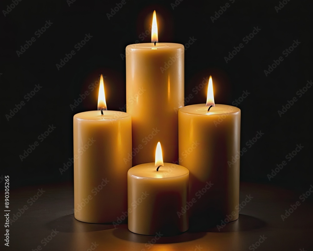 Warm golden flames dance atop three elegant pillar candles, casting a soft glow against a stark black background, exuding tranquility and ambiance. Warm golden flames dance atop three elegant pillar candles, casting a soft glow against a stark black background, exuding tranquility and ambiance.
