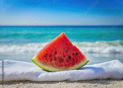 Wallpaper Mural Vibrant watermelon slice on a crisp white towel against a stunning ocean beach wallpaper background with turquoise waves and clear blue summer sky. Torontodigital.ca