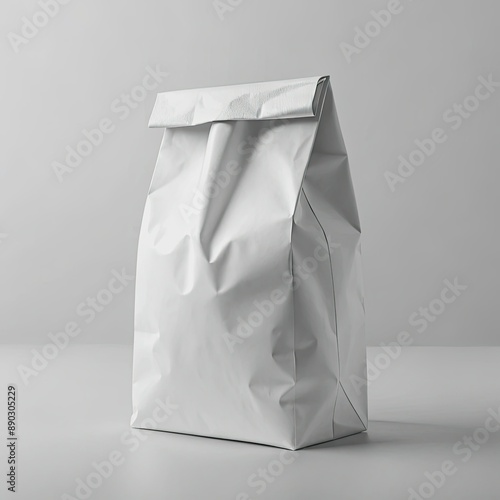 Empty white paper bag with folds and crumples, isolated on a clean background, perfect for custom branding and labeling of food or coffee products mockup.