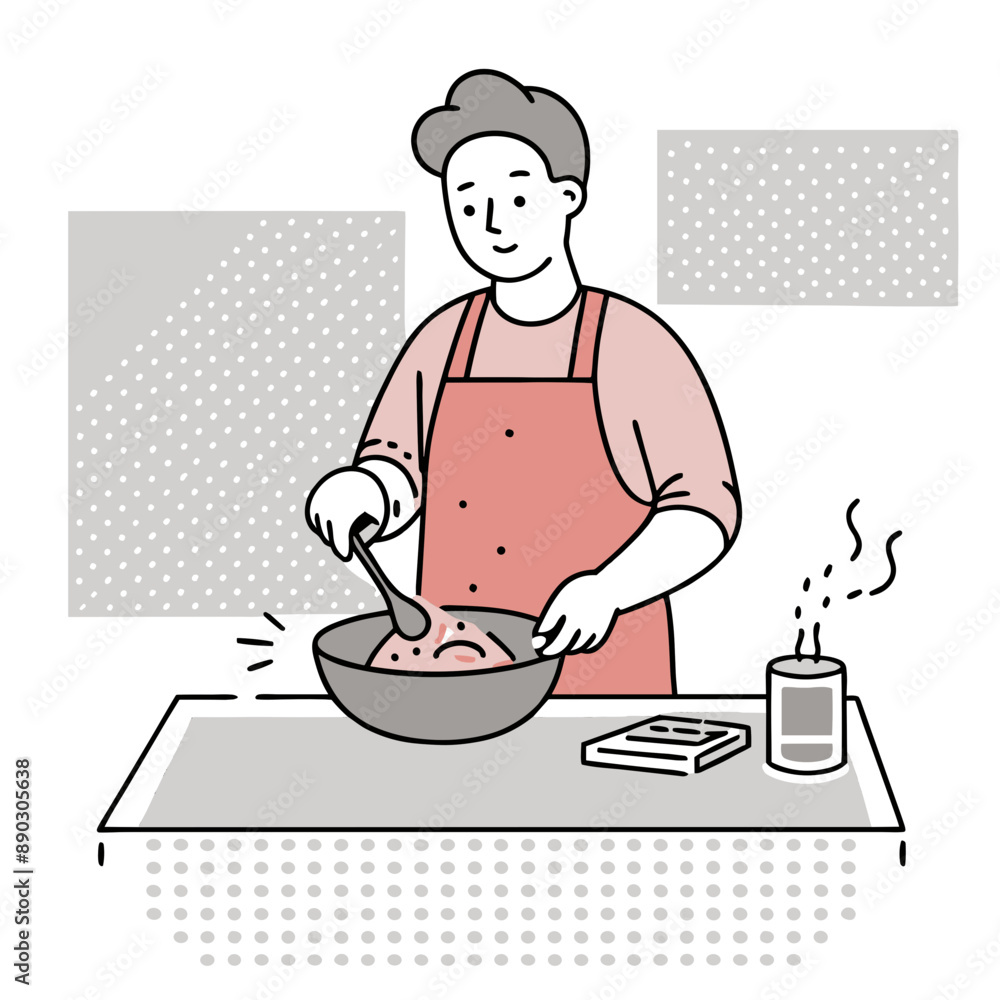 Man Cooking with Ingredients on Dotted Background
