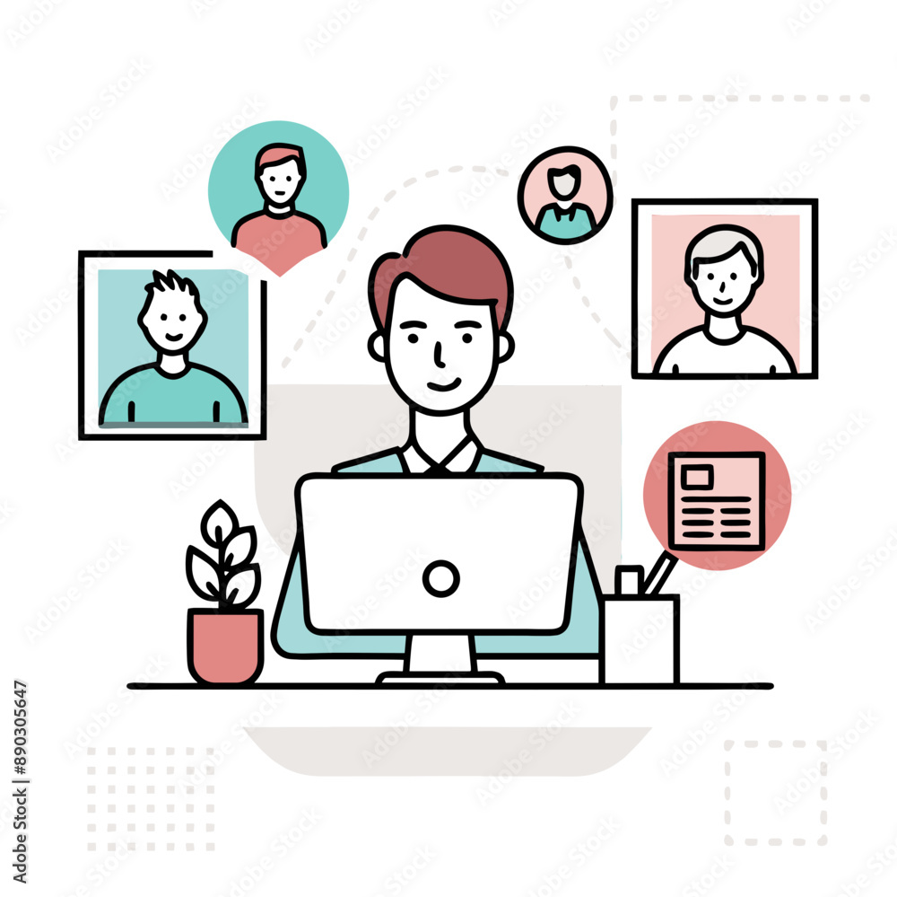 Man Working on Computer with Social Media Connections in Background