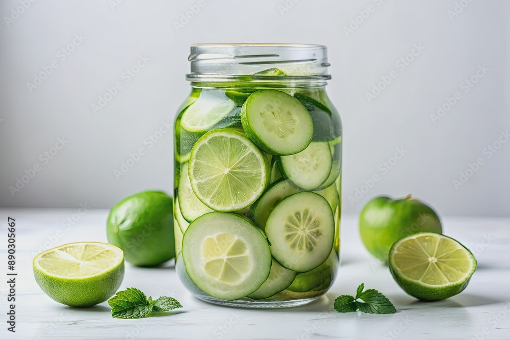 Fresh green cucumber slices and lime wedges infused in clear water fill a transparent glass jar, set against a pure white background, evoking refreshment. Fresh green cucumber slices and lime wedges infused in clear water fill a transparent glass jar, set against a pure white background, evoking refreshment.