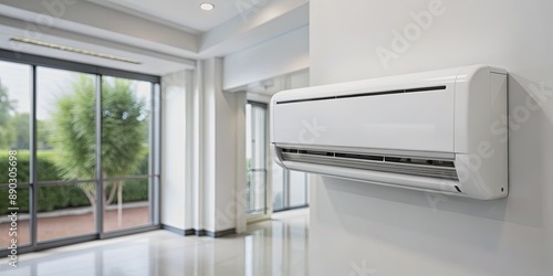 Modern mini split heat pump air conditioning unit mounted on a white wall, with sleek design and digital display, indoors, against a blurred background.