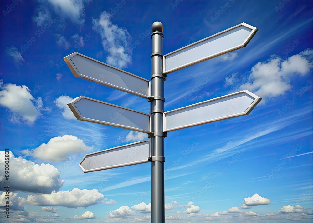 Directional signpost stands alone against a clear blue sky, its four bold arrows pointing in distinct directions, conveying a sense of choice and decision making. Directional signpost stands alone against a clear blue sky, its four bold arrows pointing in distinct directions, conveying a sense of choice and decision making.