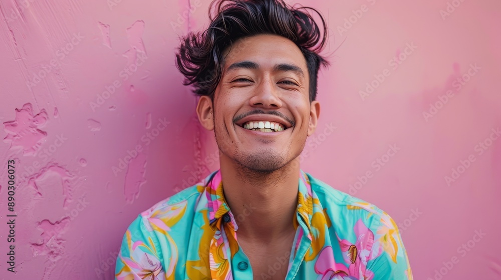 Smiling Man Wearing Floral Shirt Against Pink Wall Smiling Man Wearing Floral Shirt Against Pink Wall