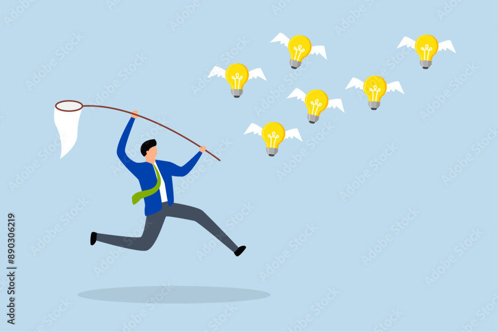 Capture new business ideas, businessman hunts and catches ideas to fly light bulbs with butterfly net. Capture new business ideas, businessman hunts and catches ideas to fly light bulbs with butterfly net.
