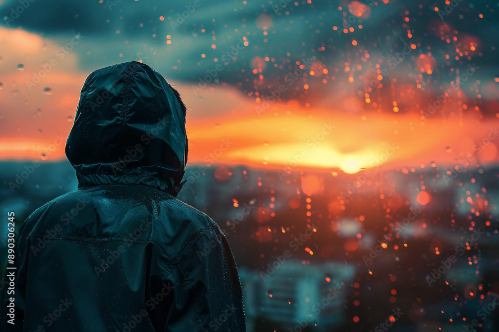 AI generated picture of young person standing alone on wet street at night AI generated picture of young person standing alone on wet street at night