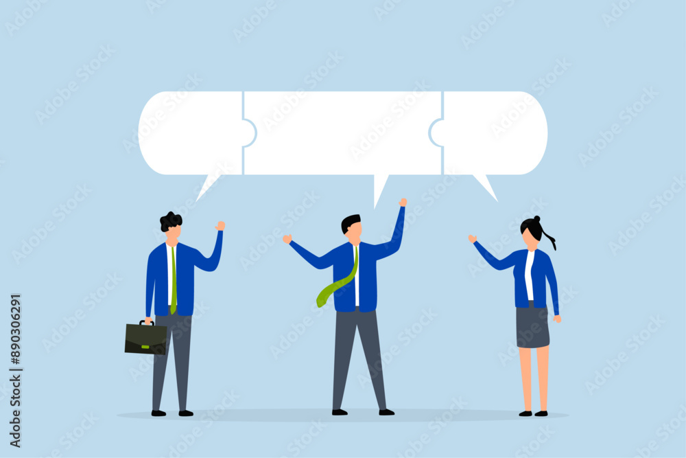 Compromise to get solution in business meeting, a team of businessmen in puzzle connected with a speech bubble. Compromise to get solution in business meeting, a team of businessmen in puzzle connected with a speech bubble.