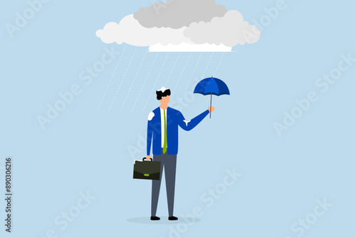 Wrong decision, drenched unfortunate businessman with too small an umbrella cover in heavy downpour.