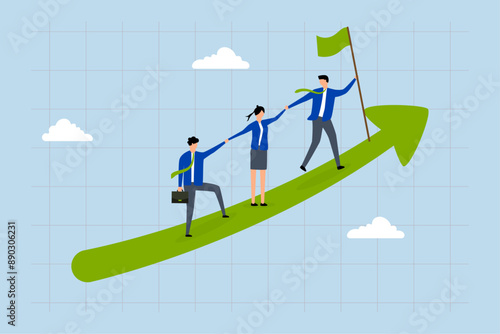 Teamwork cooperate together to achieve target, business manager holding hands with employee walking arrow diagram.
