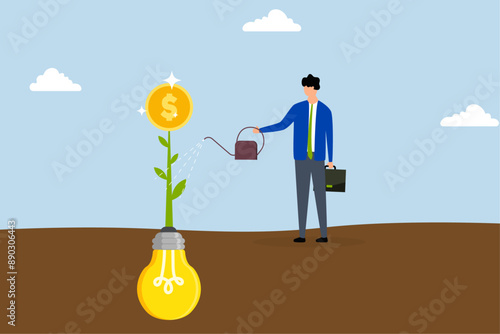 Monetize idea, businessman watering of growing money coun plants from bulb idea.