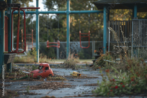 Homeless poor sad child kid in city park ruined town forest lawn all alone, Generative AI lost child photo