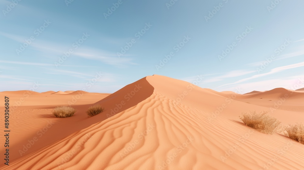 Desert landscape with sand dunes and dry shrubs, extreme heat, clear blue sky with minimal clouds, high-resolution Desert landscape with sand dunes and dry shrubs, extreme heat, clear blue sky with minimal clouds, high-resolution