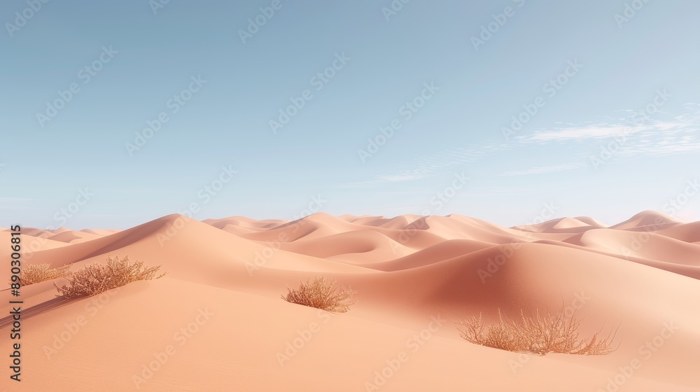 Desert landscape with sand dunes and dry shrubs, extreme heat, clear blue sky with minimal clouds, high-resolution Desert landscape with sand dunes and dry shrubs, extreme heat, clear blue sky with minimal clouds, high-resolution