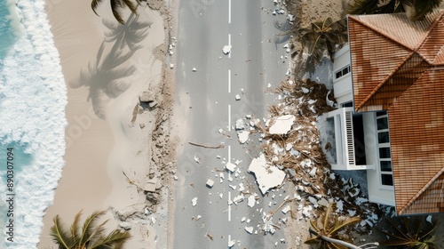 Earth's vulnerability, aerial view of hurricane aftermath, flat design illustration, high-resolution photo, realistic photo, cinematography