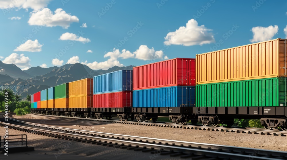 Obraz premium Efficient logistics scene with a dynamic freight train transporting brightly colored cargo containers