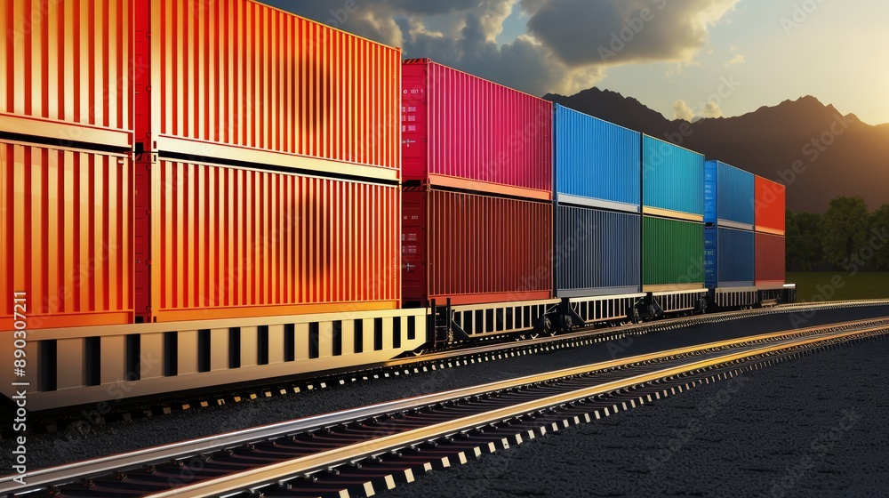 Fototapeta premium Efficient logistics scene with a dynamic freight train transporting brightly colored cargo containers