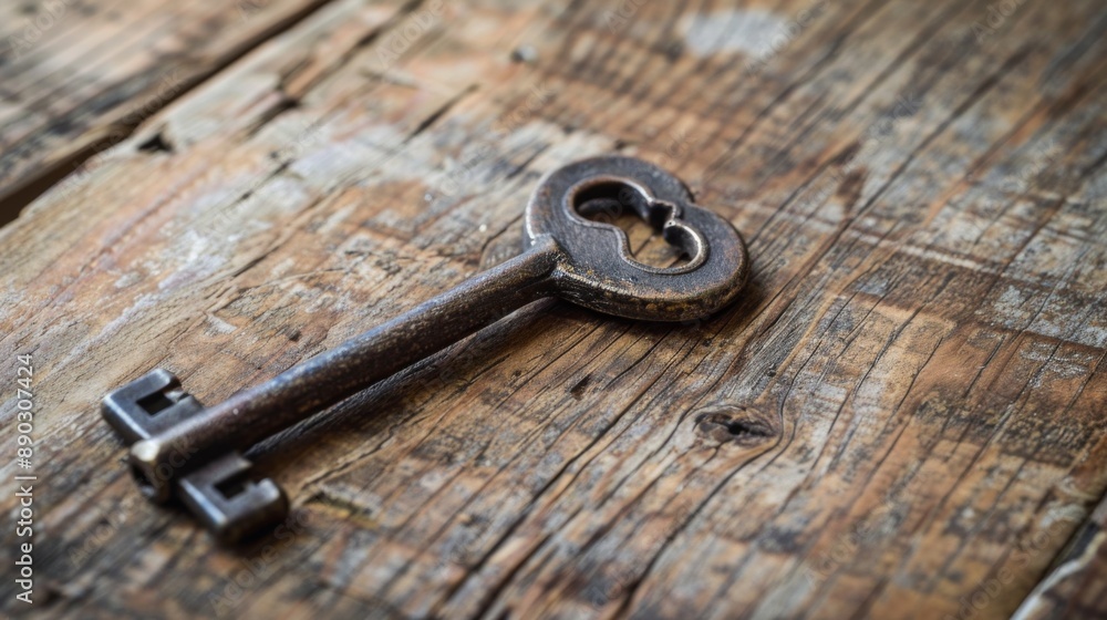 Antique Skeleton Key on Rustic Wooden Surface Antique Skeleton Key on Rustic Wooden Surface