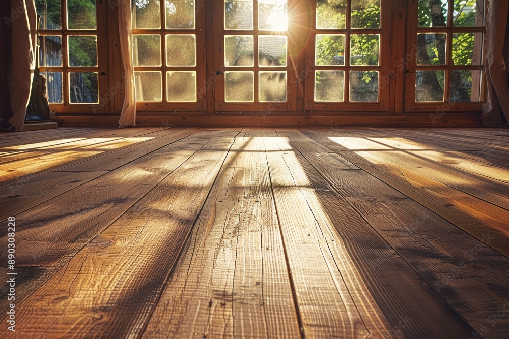 A beautifully crafted wooden floor, with rich grain patterns and a warm, natural color. sunlight streaming windows A beautifully crafted wooden floor, with rich grain patterns and a warm, natural color. sunlight streaming windows
