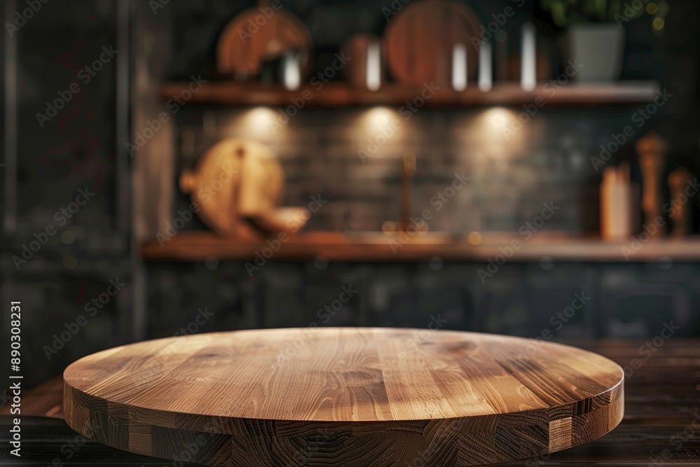 Fototapeta premium An empty round wooden table on a dark kitchen, a simple blur dark stylish background