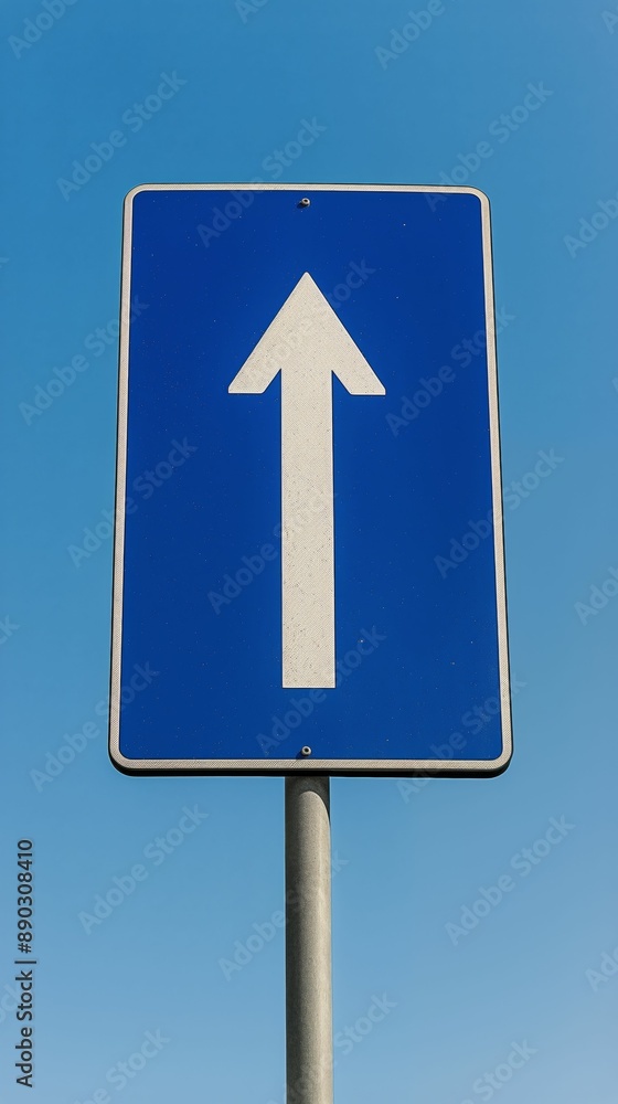 An AI illustration of a blue one-way traffic sign with a white arrow pointing upward An AI illustration of a blue one-way traffic sign with a white arrow pointing upward