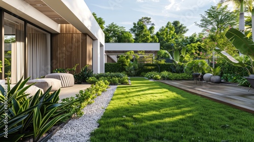 Wallpaper Mural A modern Scandinavian-style home with a minimalistic design, natural wood accents, and a lush green lawn. Torontodigital.ca