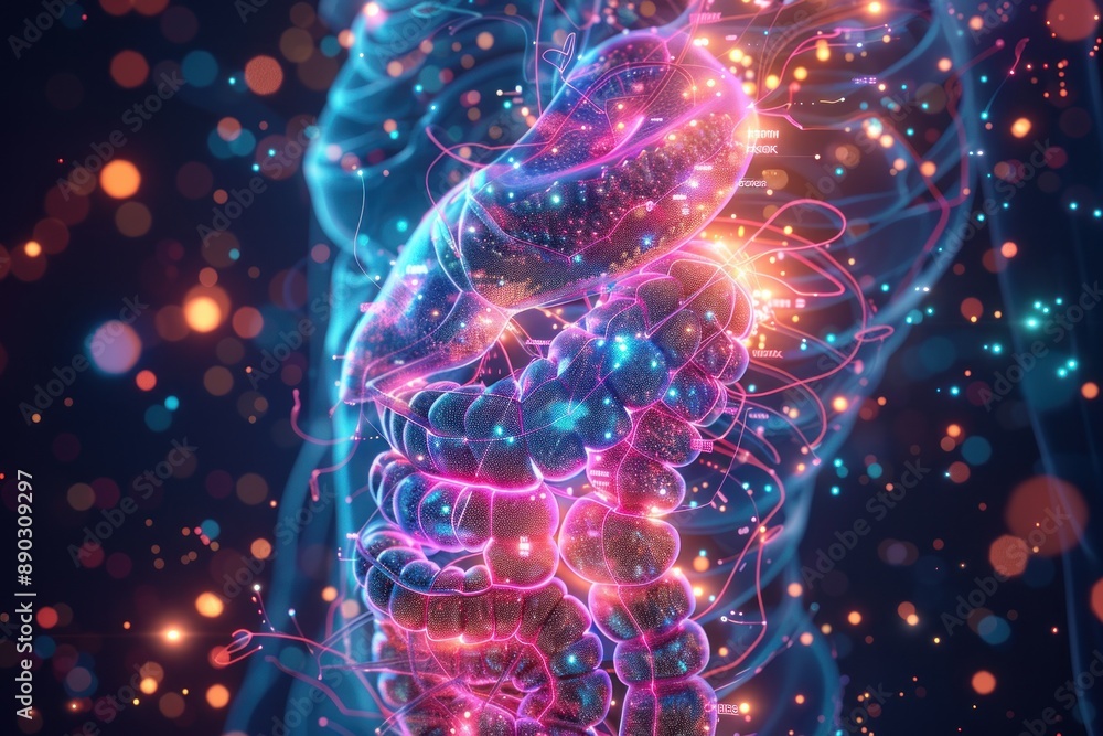 A highly detailed and futuristic 3D rendering of the human digestive system, with glowing and translucent intestines A highly detailed and futuristic 3D rendering of the human digestive system, with glowing and translucent intestines