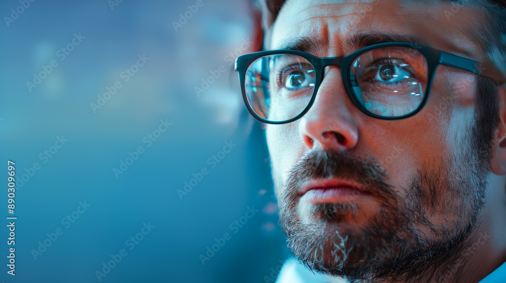 Close up of a man face with glasses, looking intently at blurred lights in the background Close up of a man face with glasses, looking intently at blurred lights in the background