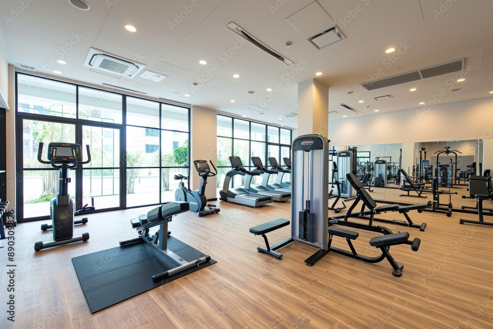 Obraz premium A modern gym with state-of-the-art equipment, clean lines, and ample lighting