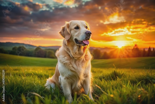 Serene golden retriever sits calmly amidst lush green grass, basking in warm orange hues of a breathtaking sunset in a peaceful countryside setting.
